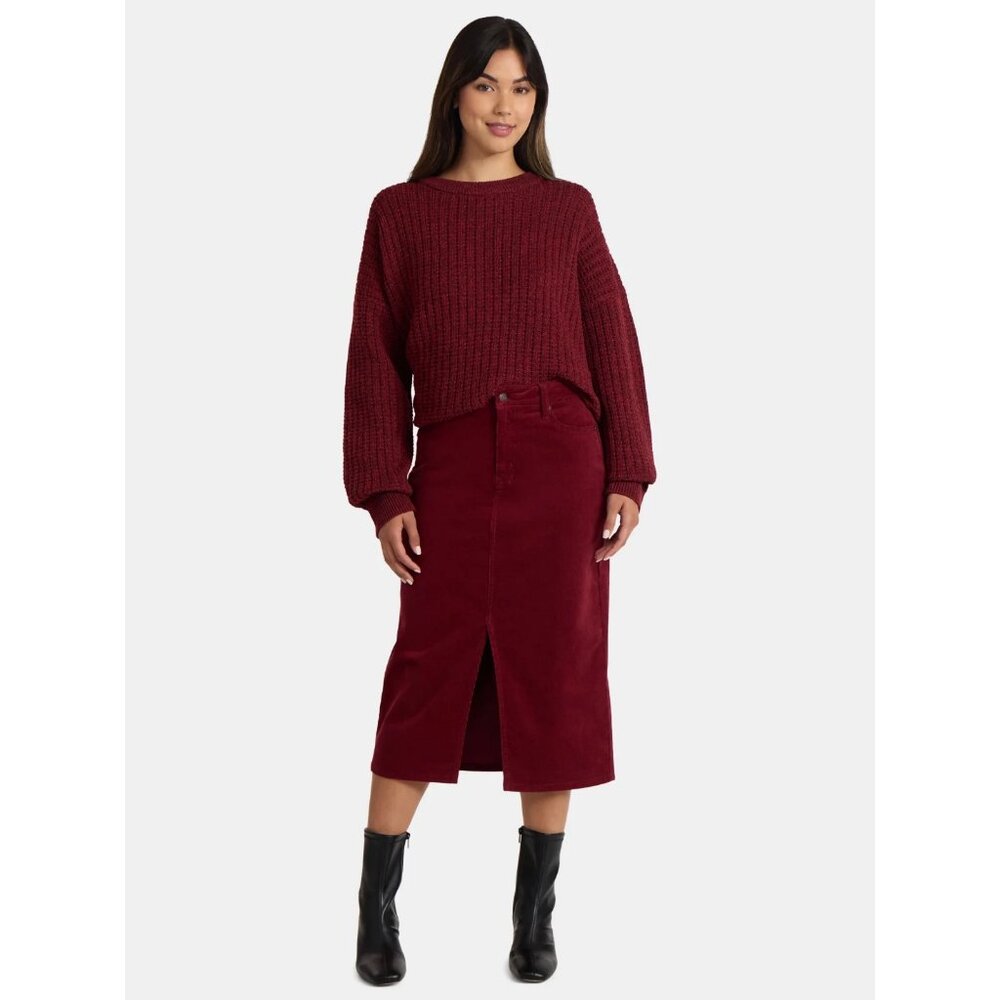 Time and Tru Women's Corduroy Midi Skirt with Front Slit, Size 0, Classic Fit - Picture 3 of 5